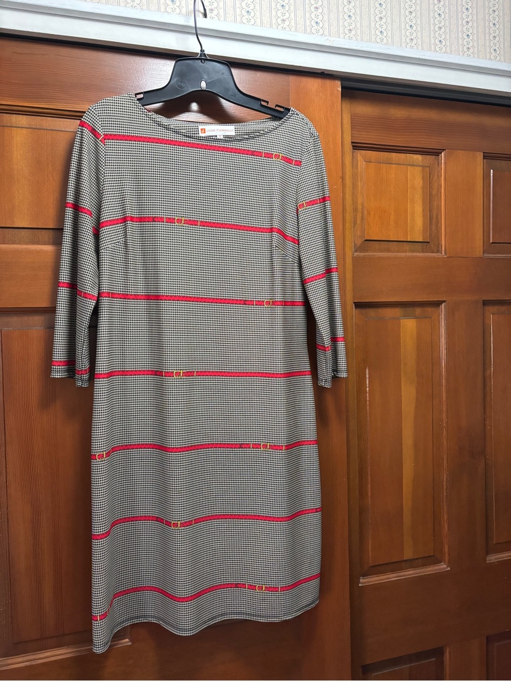 Jude Connally Black & White Houndstooth Shift Dress with Red Stripes